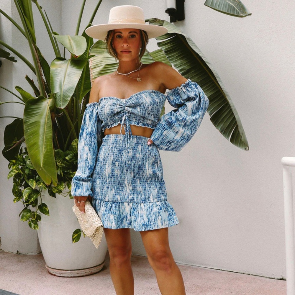 Vici Summer of Diane collection BLUE WAVES SMOCKED MINI SKIRT and CROP TOP